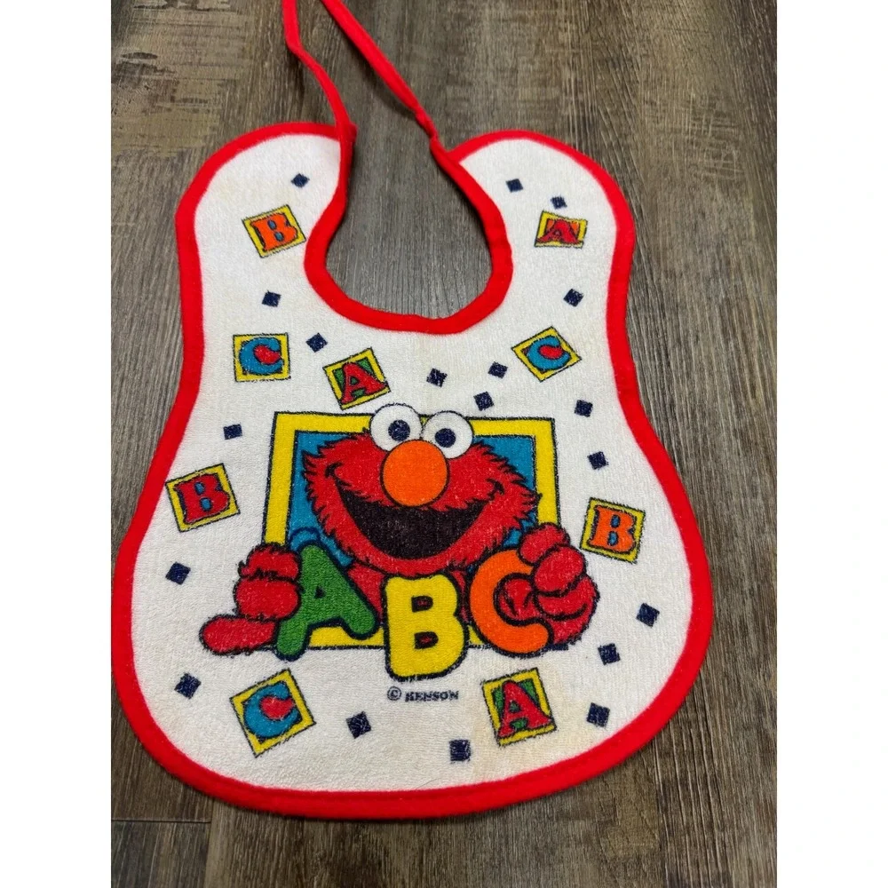Vintage Sesame Street Elmo ABC Baby Bib Red White Jim Henson Terry Tie Closure